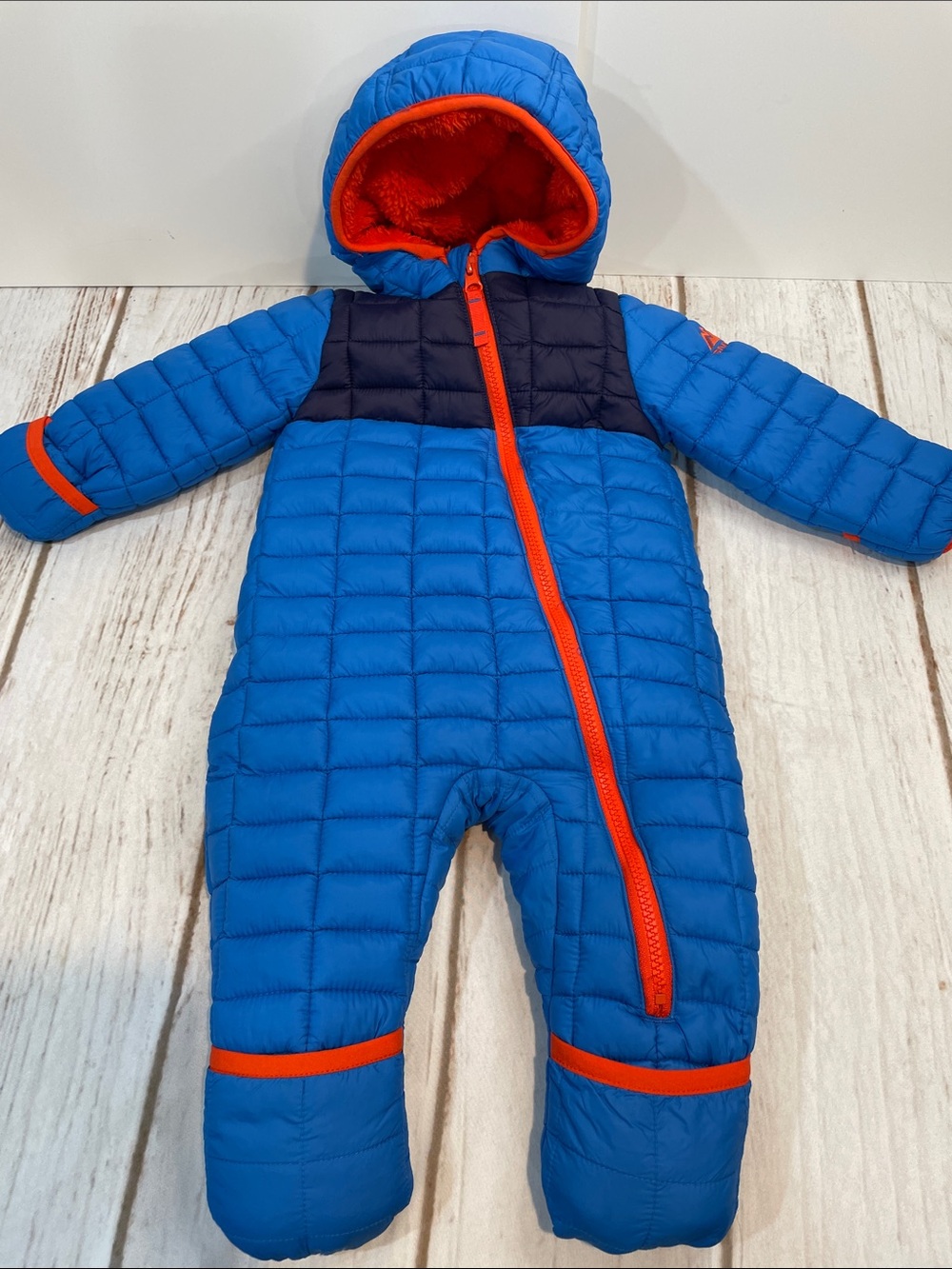 Snozu Infant Blue Snowsuit 9-12 Months Orange Faux Fur Lining One-piece Baby Boy